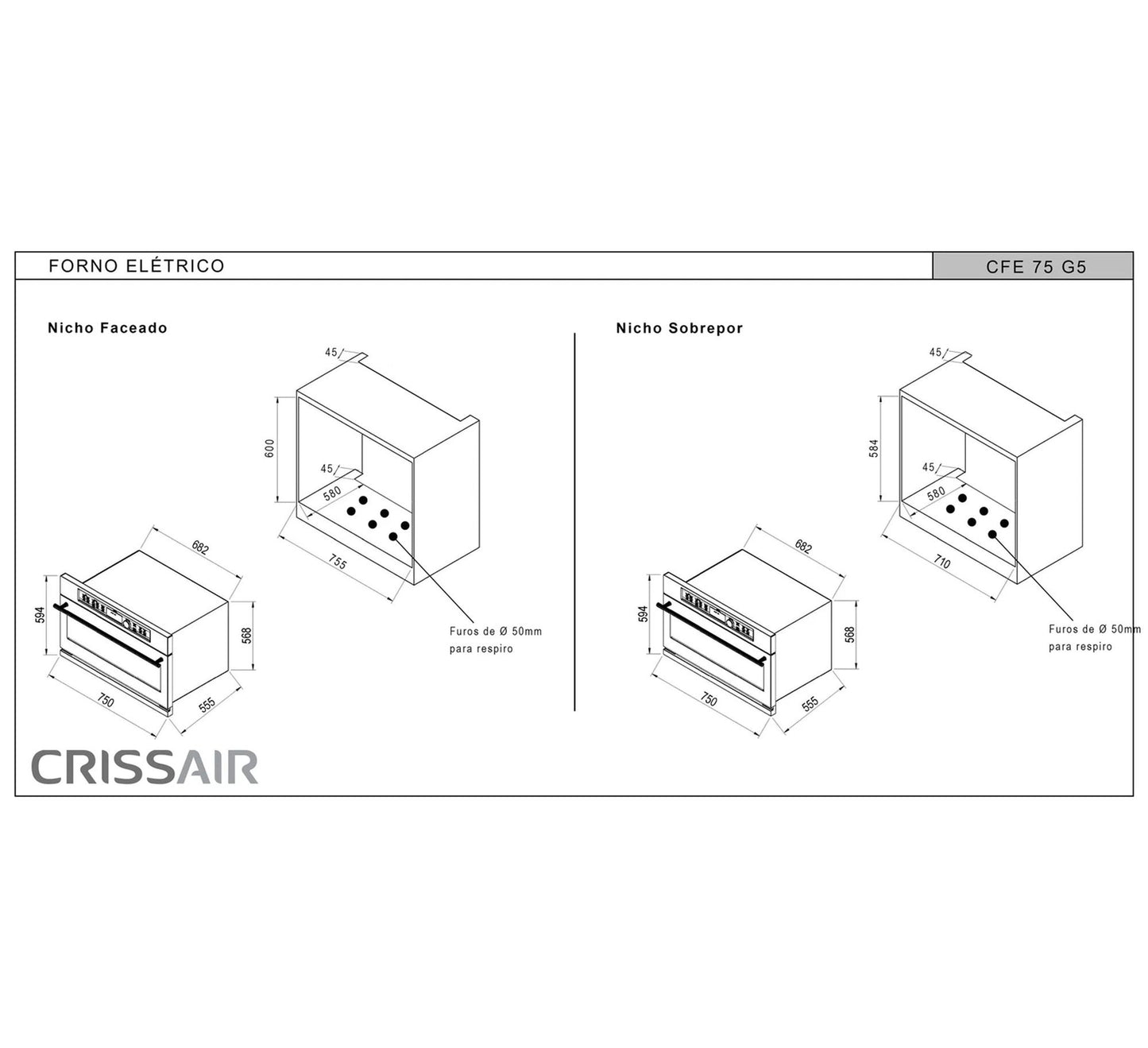 Forno Elétrico Crissair Big 75 CFE75G5 84L 75cm 220V - 37356