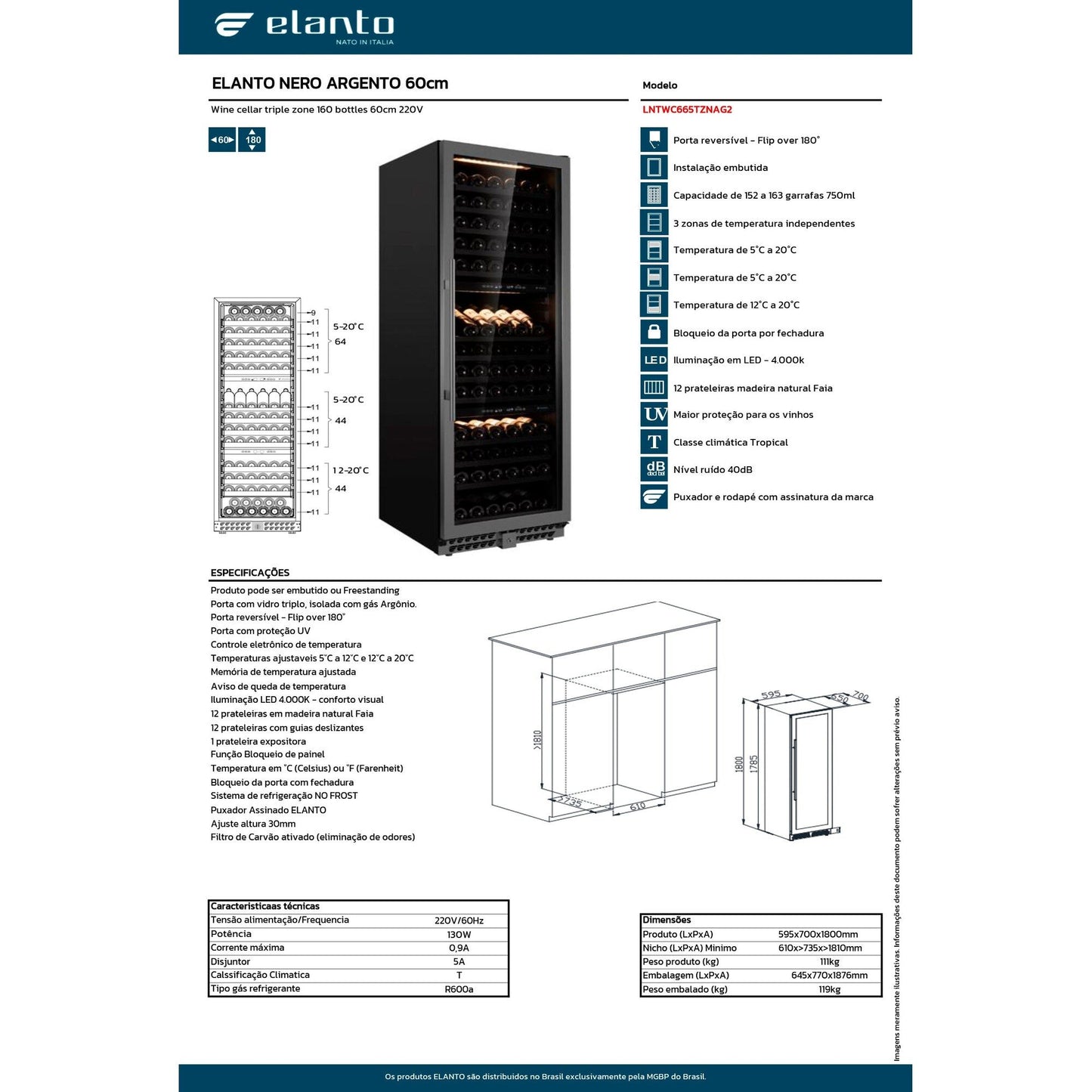 Adega de Vinhos Elanto Nero Argento Triple Zone 160 Garrafas 60 cm 220V - LNTWC665TZNAG2