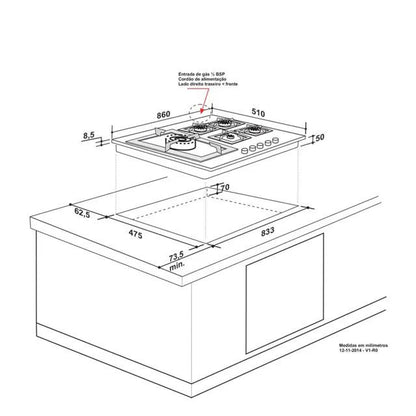 Cooktop Elettromec Quadratto Gás 5 Queimadores 90 cm Bivolt - CKG5Q90XQ3ZEA