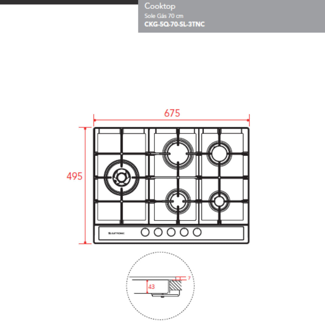 Cooktop Elettromec Sole Gás 5 Queimadores 70cm Bivolt - CKG-5Q-70-SL-3TNC
