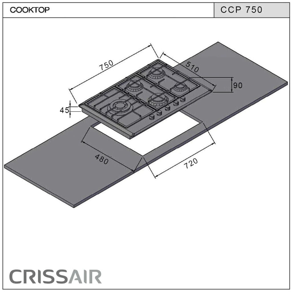 Cooktop a Gás Crissair Semi-Filo 75 CCP750 5 Queimadores Bivolt - 035934