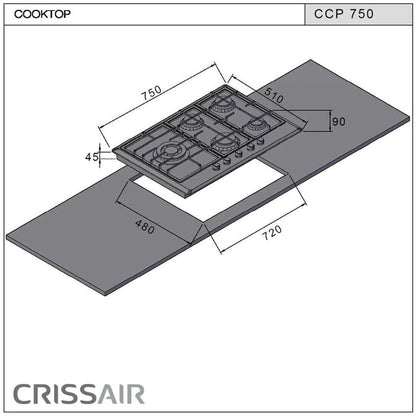 Cooktop a Gás Crissair Semi-Filo 75 CCP750 5 Queimadores Bivolt - 035934