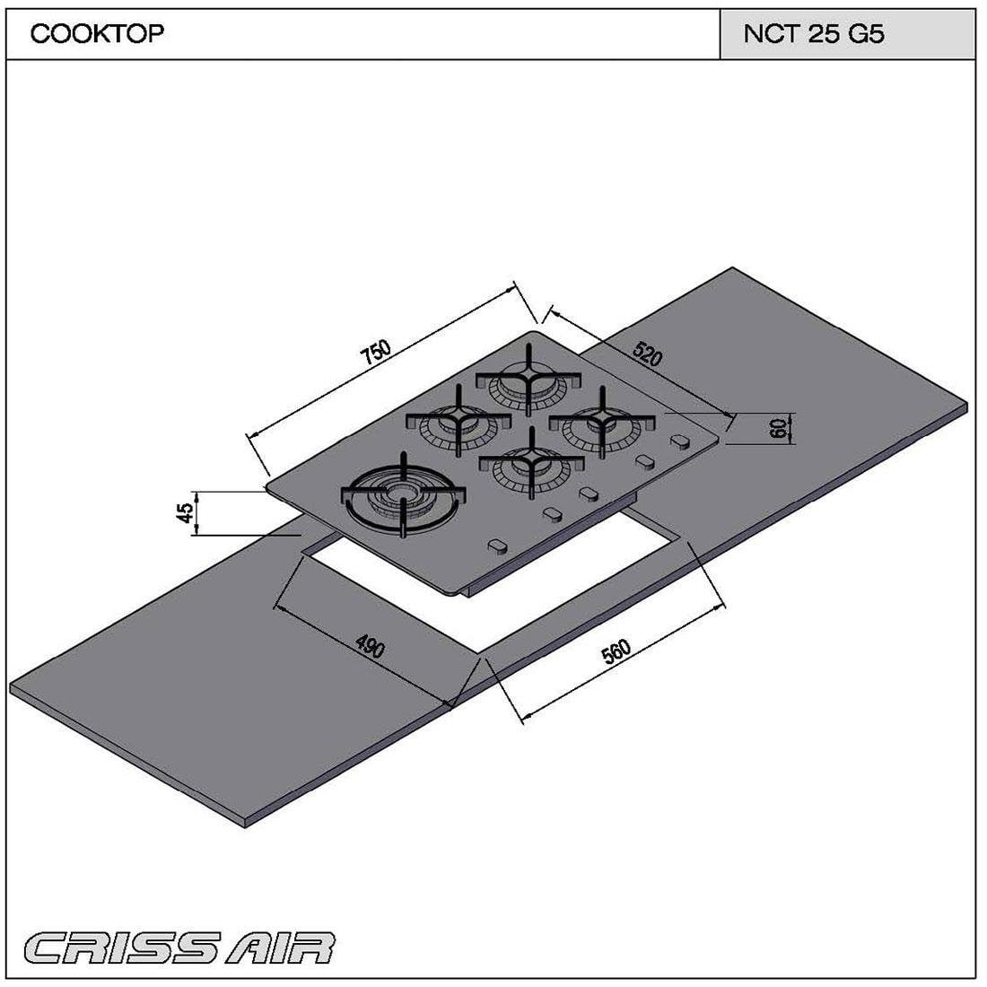 Cooktop a Gás Crissair Crystal 75 All Black 75cm Bivolt - NCT25G7 / 72004