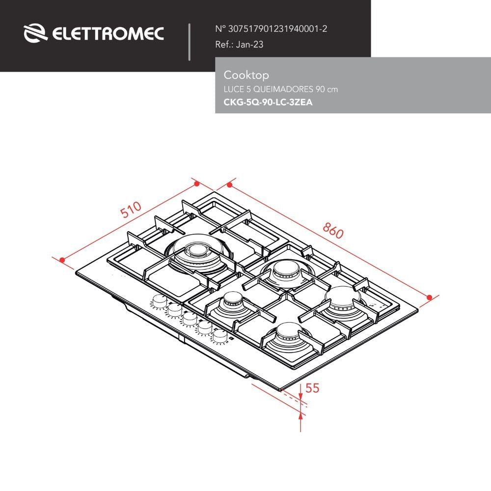 Cooktop Elettromec Luce 5 Queimadores 90 cm Bivolt - CKG5Q90LC3ZEA
