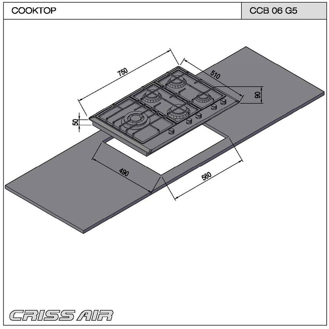 Cooktop a Gás Crissair Fuoco 75cm 5 Queimadores Bivolt - CCB06G5 - 35910