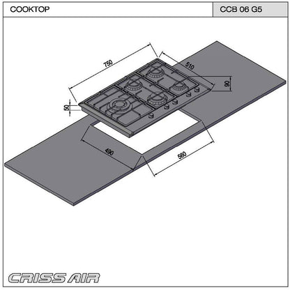 Cooktop a Gás Crissair Fuoco 75cm 5 Queimadores Bivolt - CCB06G5 - 35910