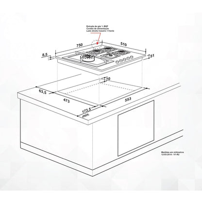 Cooktop Elettromec Quadratto Gás 5 Queimadores 75cm Bivolt - CKG-5Q-75-XQ-3ZEA