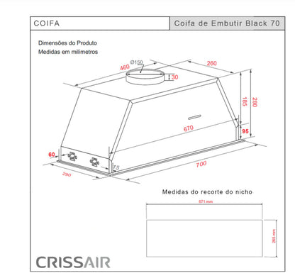Coifa de Embutir Black 70 cm Crissair 127V/220V - 072291/072292