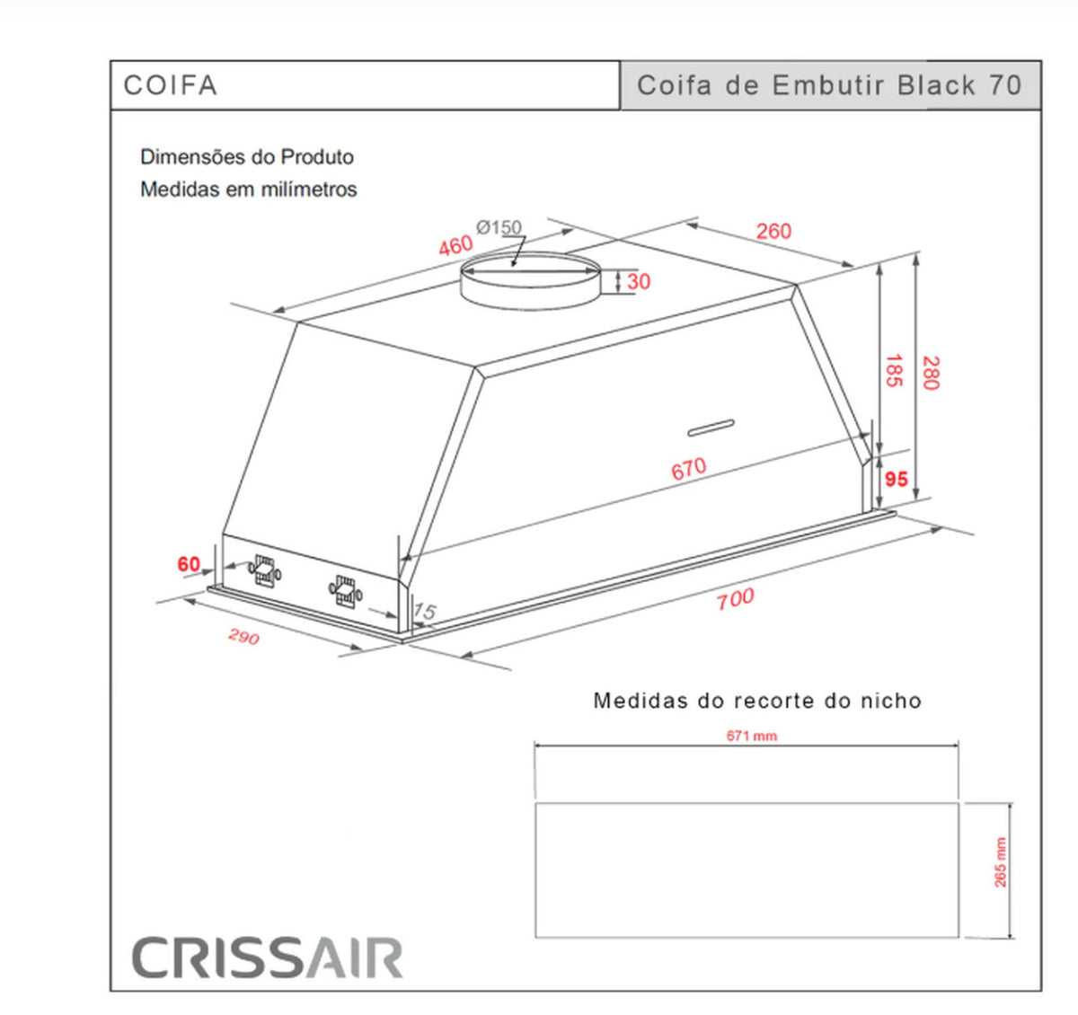 Coifa de Embutir Black 70 cm Crissair 127V/220V - 072291/072292