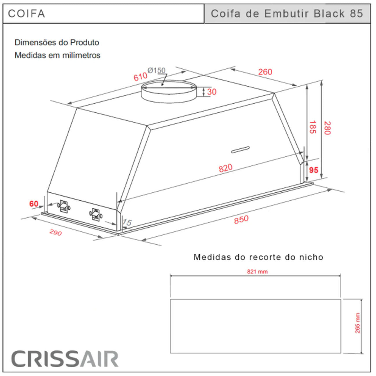 Coifa de Embutir Crissair Black 85cm 127V/220V - 072192/072193