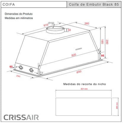 Coifa de Embutir Crissair Black 85cm 127V/220V - 072192/072193