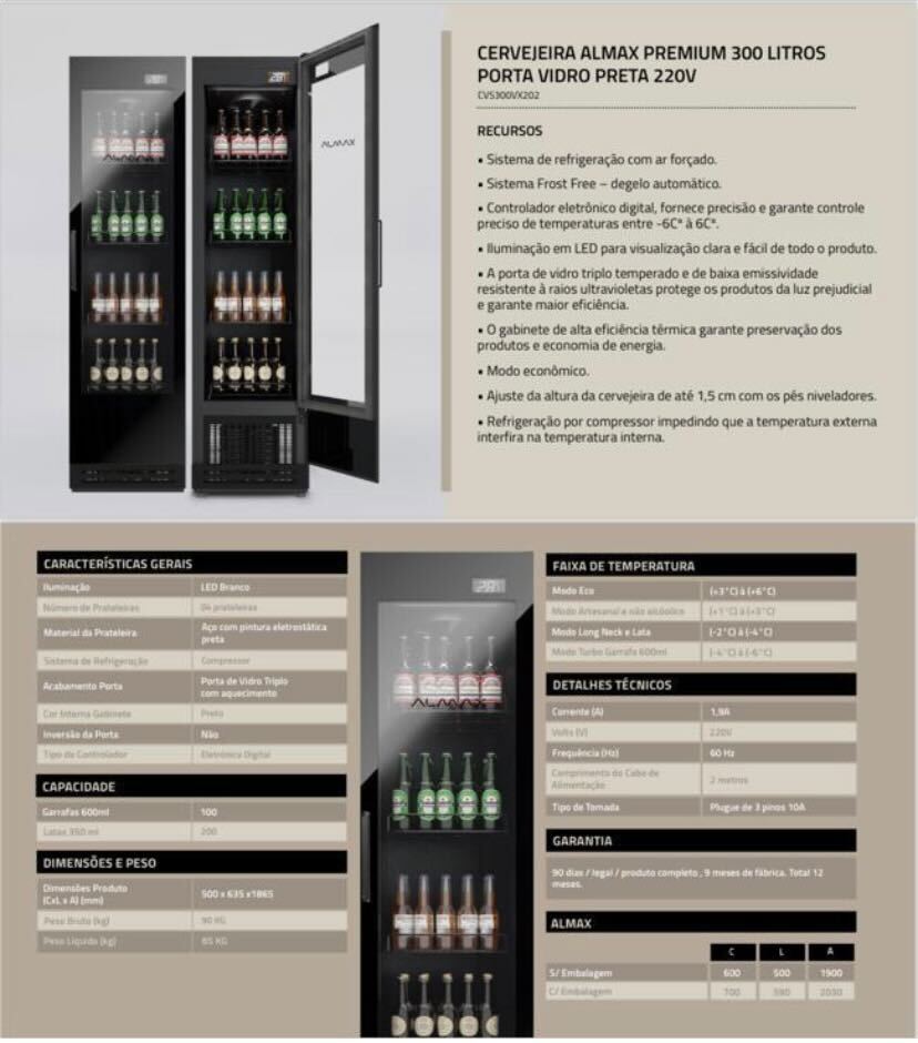 Cervejeira Almax Premium 300L Porta de Vidro Preta 220V - NVO005