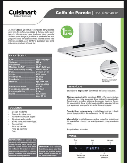 Coifa de Parede 90cm Casual 220V Aço Inox