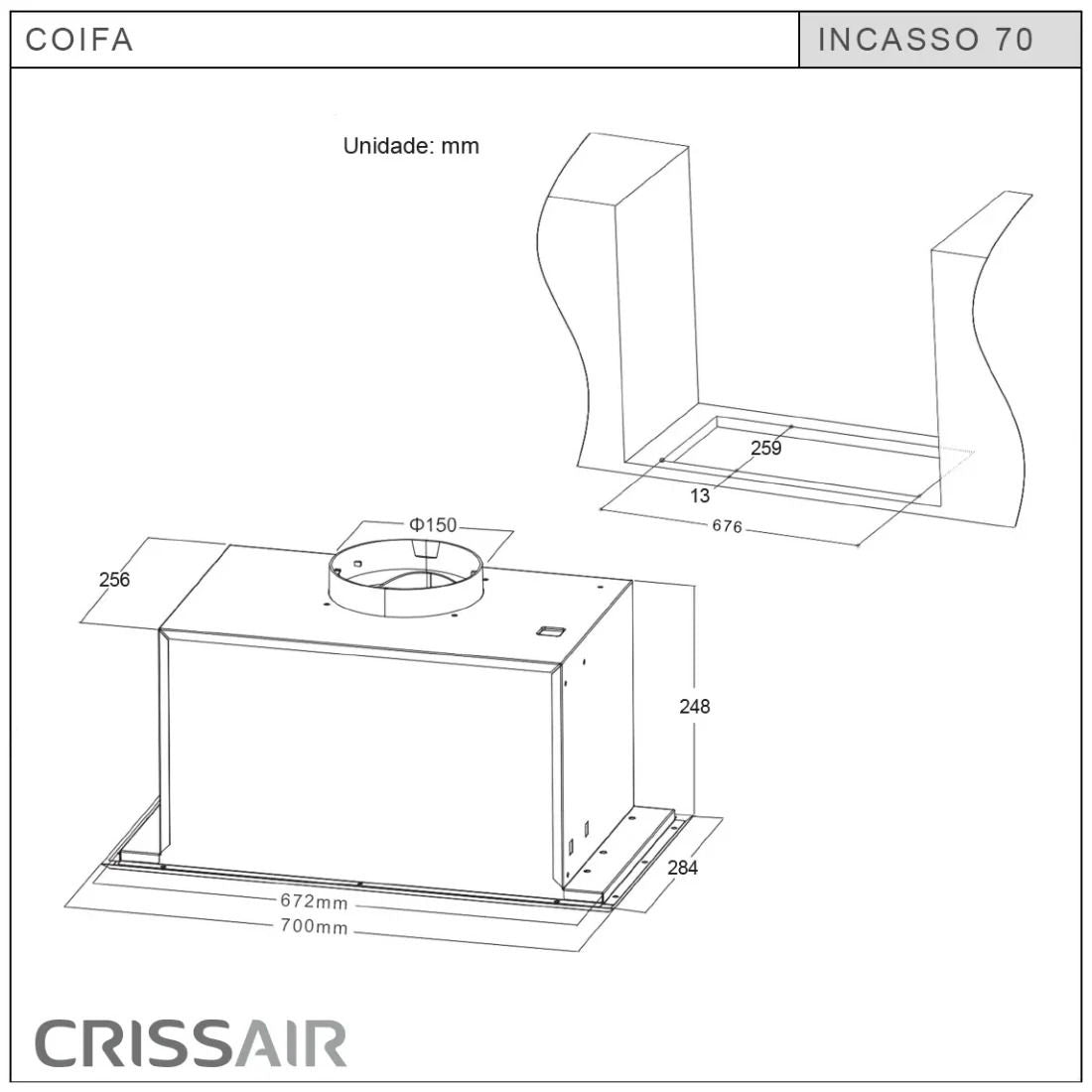 Coifa de Embutir Crissair Versatile 70cm Inox 127V/220V - 071982/071983