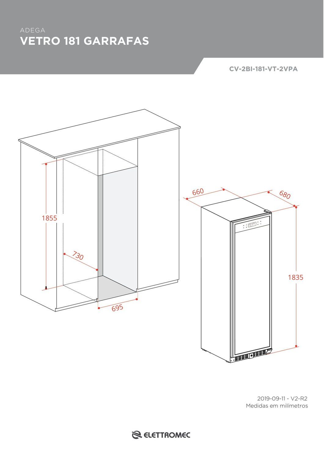 Adega Elettromec Vetro 181 Garrafas Dual Zone Built-in 220V - CV2BI181VT2VPB