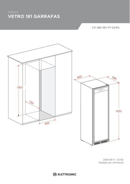 Adega Elettromec Vetro 181 Garrafas Dual Zone Built-in 220V - CV2BI181VT2VPB