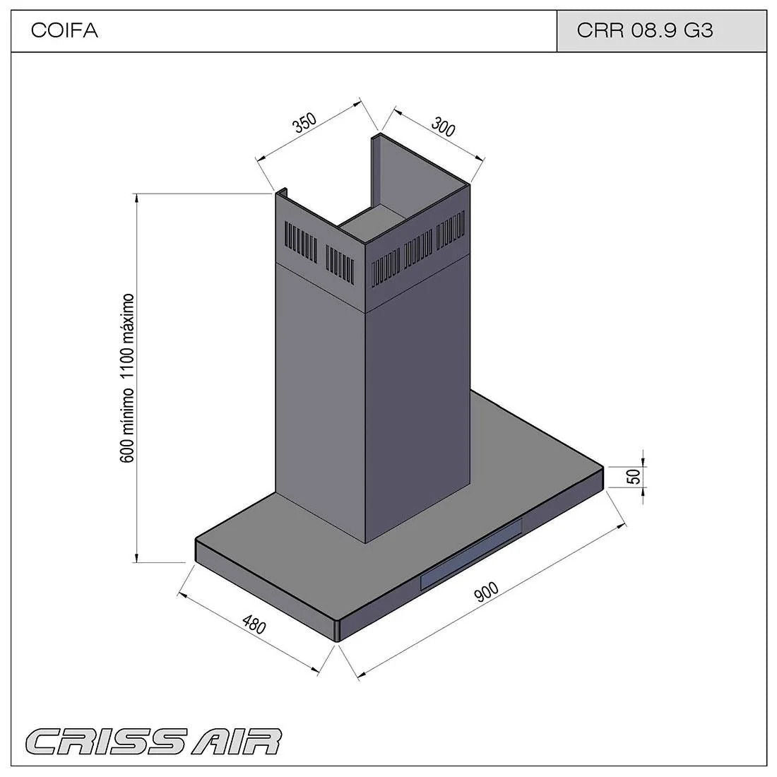 Coifa de Parede Crissair Drito Plane Black 90cm 220V - CRR08.9G3 Black