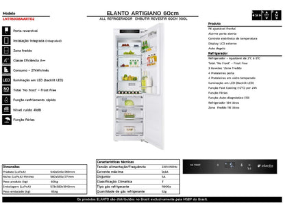 Freezer Elanto Artigiano 210 Litros Built-in/Revestir 60 cm 220V - LNTF621BAARTO2