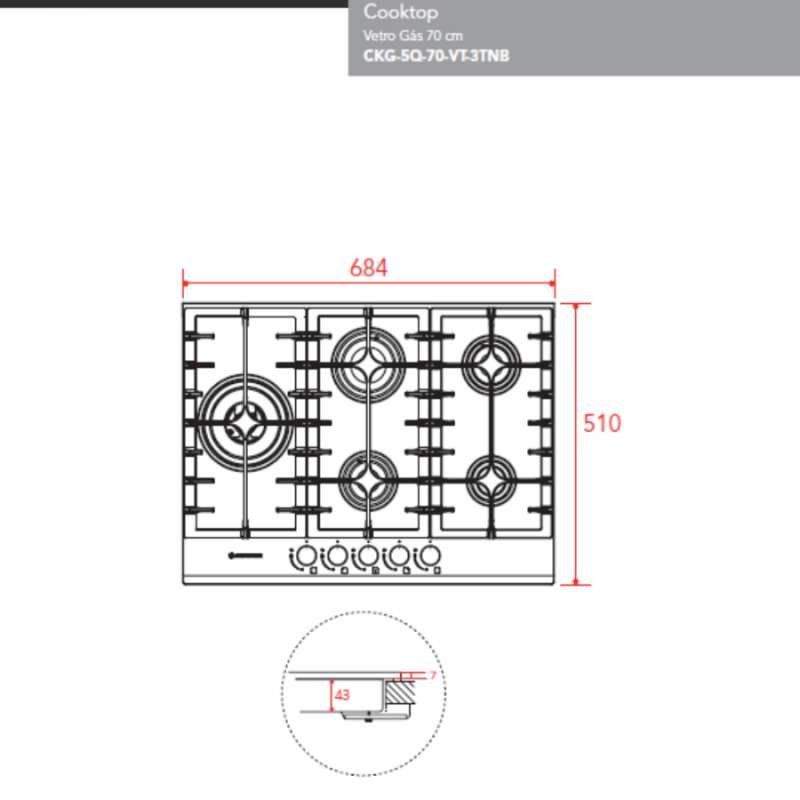 Cooktop Elettromec Vetro 5 Queimadores 70 cm Bivolt - CKG5Q70VT3TNB