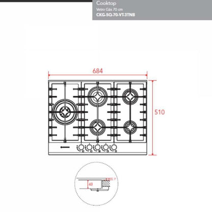Cooktop Elettromec Vetro 5 Queimadores 70 cm Bivolt - CKG5Q70VT3TNB